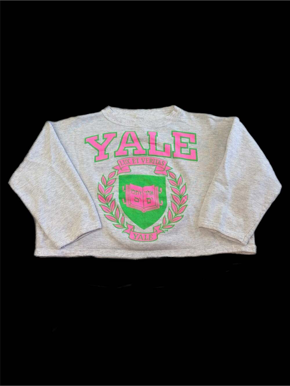 Vintage 80s Yale University Crewneck Cropped Sweatshirt Heather Gray Pink Green
